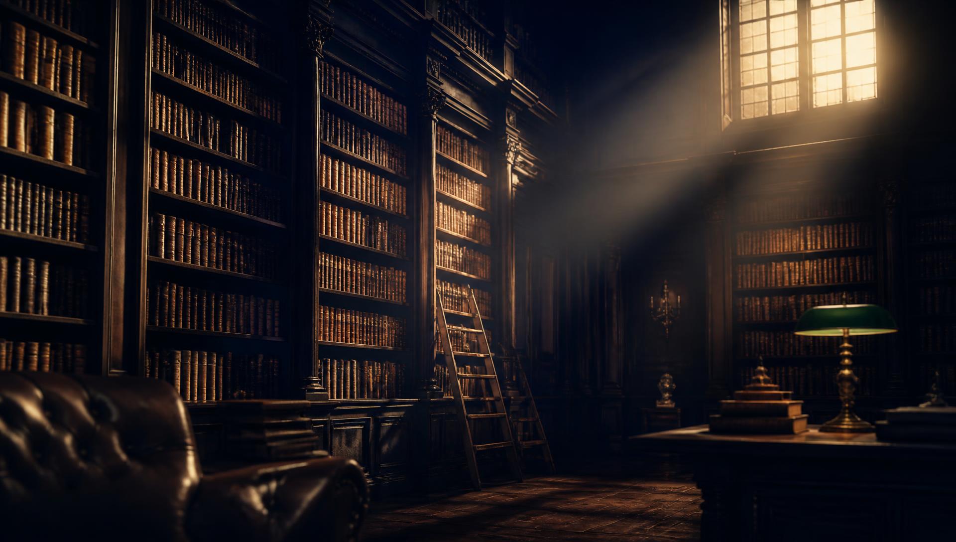 Bibliothèque ancienne baignée d'une lumière dorée